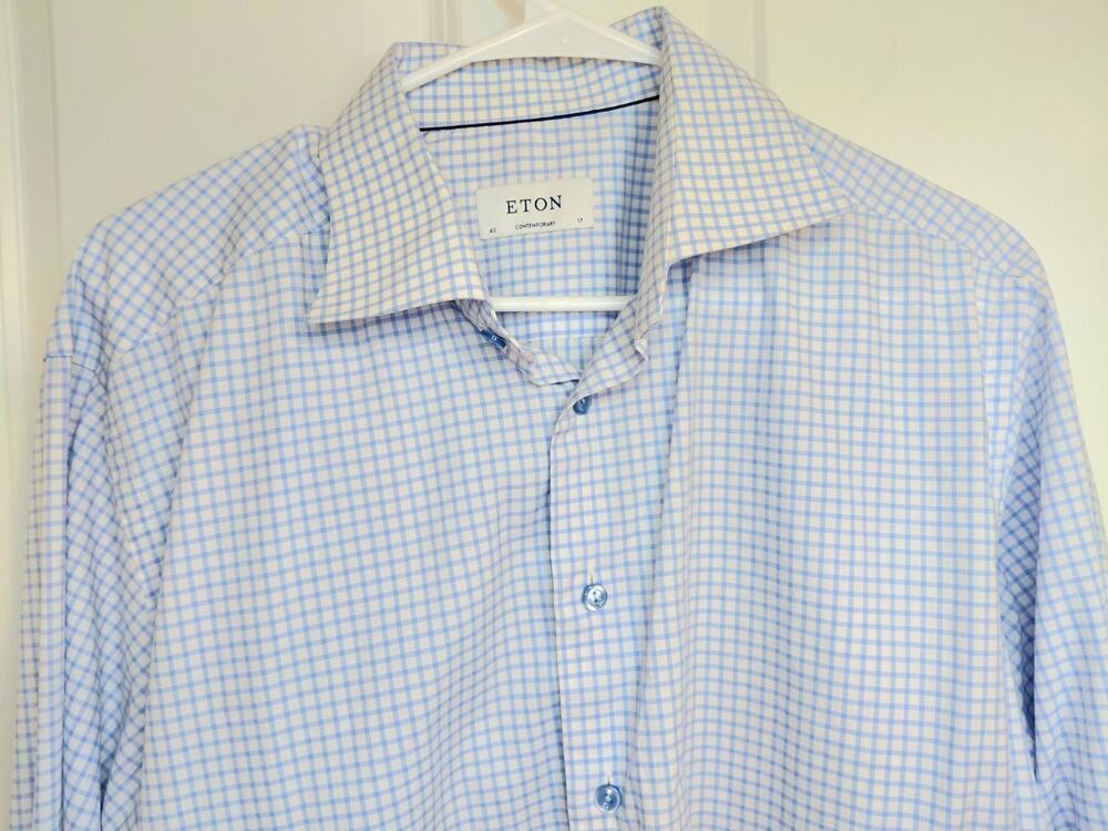 Eton Dress Shirt 17 Contemporary Fit Light Blue Gingham Check Men's Button-Down